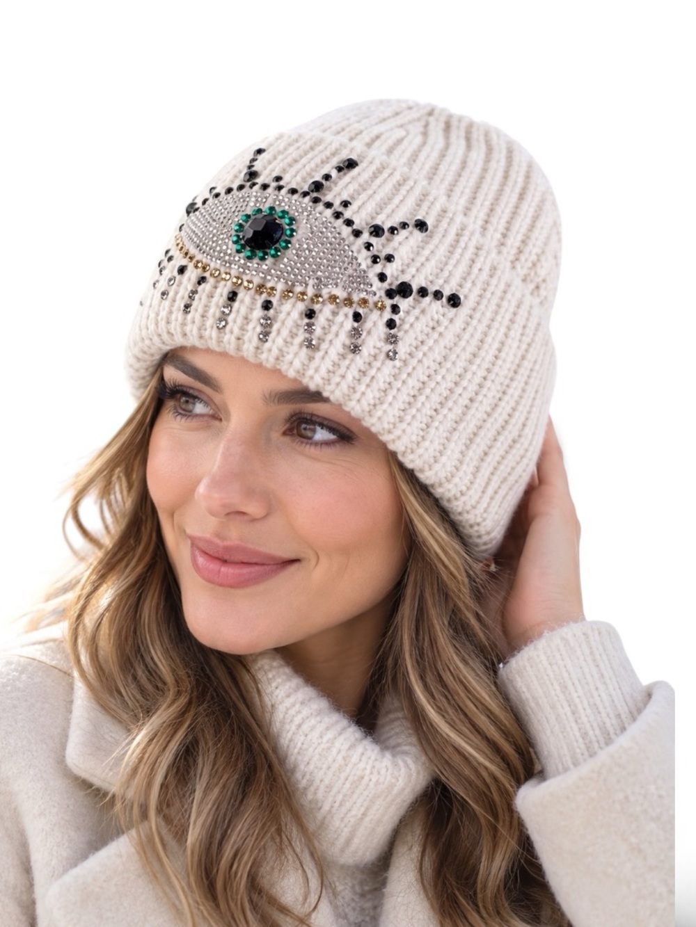 Kurt Geiger London Cream Crystal Evil Eye Wool Blend Beanie NWOT